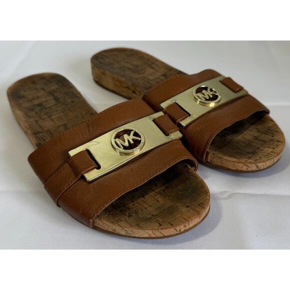 Michael Kors Warren Slides Womens 7.5 Brown Leather Cork Upper Sandals Slip On - Picture 1 of 9